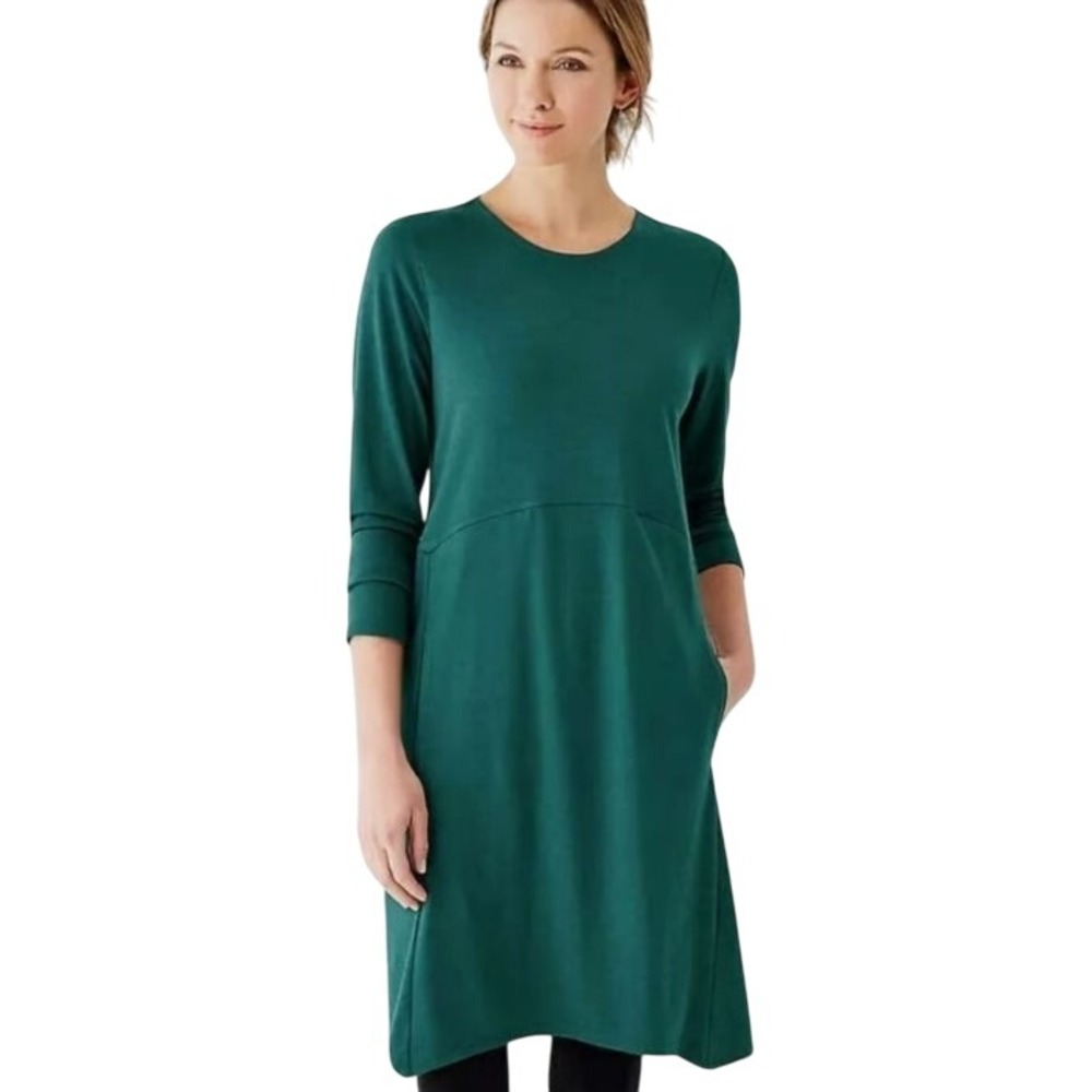 J.Jill Pure Jill Long Sleeve Dipped Hem Swing Dress Cotton Modal Size M Emerald‎